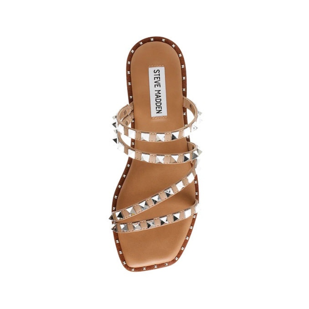 NWOT Steve Madden Skyler Studded Strappy Flat Sandal Tan Silver Size 8 - Picture 5 of 12